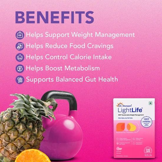 Dr. Morepen LightLife Pre-Meal Nutrition Mix | Controls Appetite & Reduces Cravings |For Men & Women | 30 Sachets | Flavor-Fruit Punch