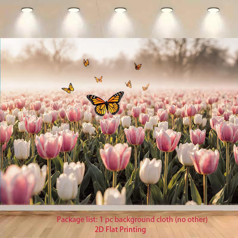 

2D Pink Tulip Field Backdrop with Monarch Butterflies Nature Background 47.2x31.5inch/120*80cm