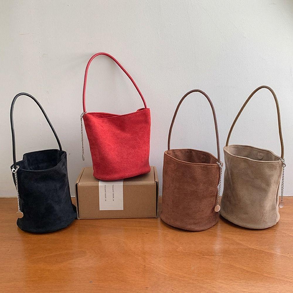 Pure Color Suede Bucket Bag Purse Underarm Bag Vintage Matte Pu Leather Shoulder Bag Streetwear