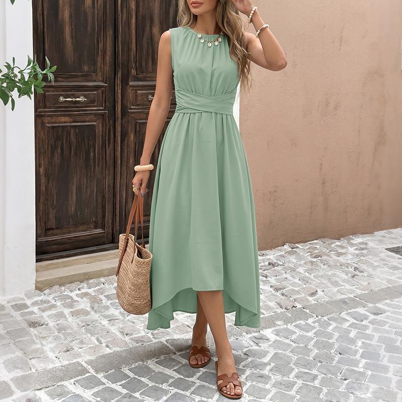 Women Cinched Waist Dress Wrap Waist Tie Crew Neck Sleeveless Tank Midi Dress Solid Color Asymmetrical A-Line Dress S