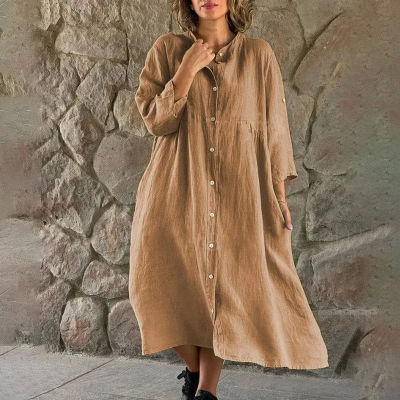 

Loose Stand Collar Button Long Dress Loose Lapel Button Long Dress Female Dark Brown 4XL