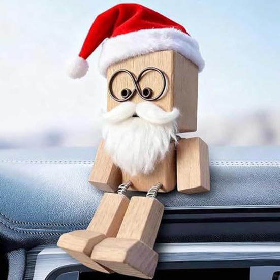 Christmas Shaking Wooden Man Figurine with Santa Hat And Beard Handmade Shaking Feet Wooden Doll with Magnetic Expressions for Car