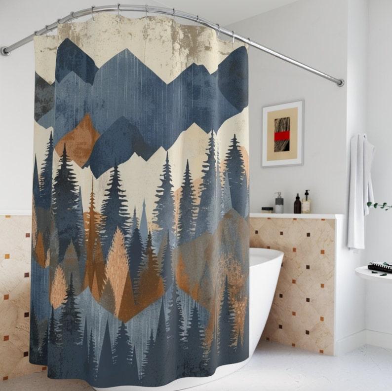 Mountain Silhouette Shower Curtain, Cabin Country Shower Curtain, Outdoor Landscape Bathroom Decor, Bathroom Accesories 71"x74"