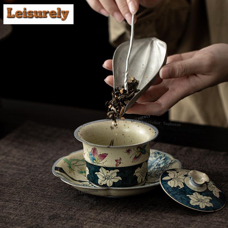 125ML Hand Painted Butterfly Lily Caramel Glaze Gaiwan Luxury Tea Tureen Tea Bowl With Lid Kit Tea Maker Cover Bowl Teaset Craft