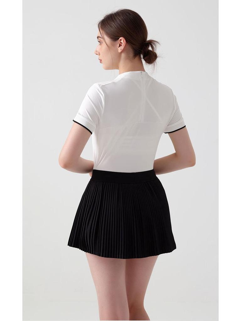 Damen Tennisrock mit hohem Bund: Fake zweiteiliger plissierter Sport-Skort mit integrierten Shorts.