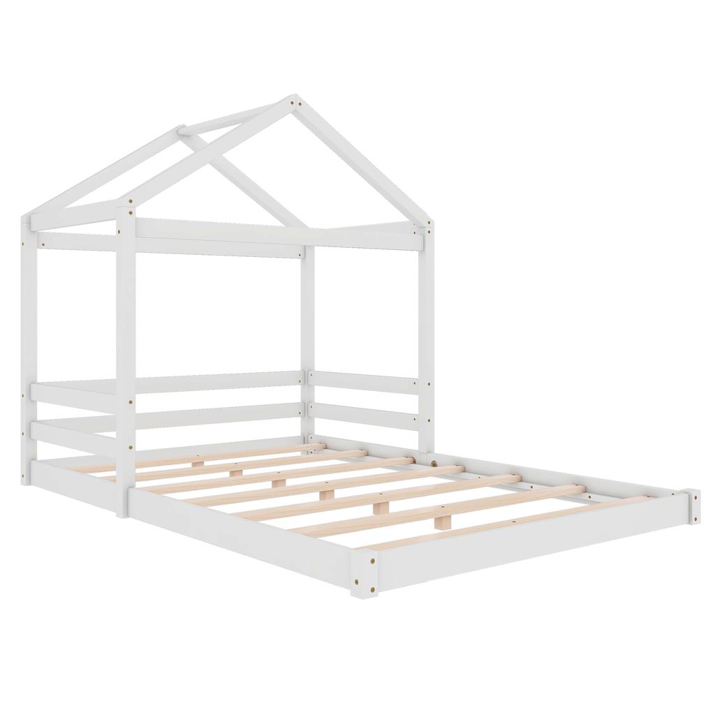House Bed, 140 X 200 Cm, Children's Bed In House Shape with Slatted Frame (without Mattress), Pine Wood, Minimalist Style, White