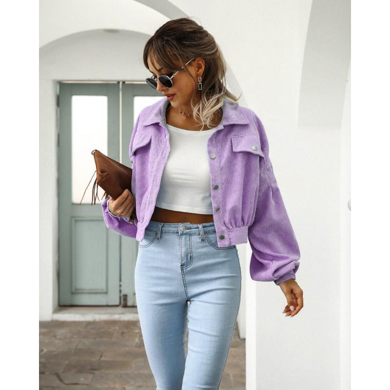 Podzim a zima ležérní klopa Styl BF Manšestrová bunda Lucerna rukáv Jednořadý Krátký kabát Dámské Elegantní Jednobarevné Nový styl