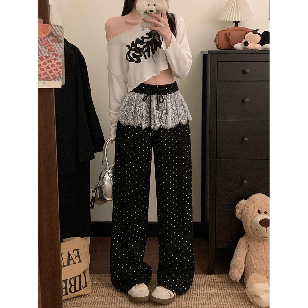 Women's High Waist Polka Dot Wide Leg Pants with Lace Trim - 2025 Spring Collection