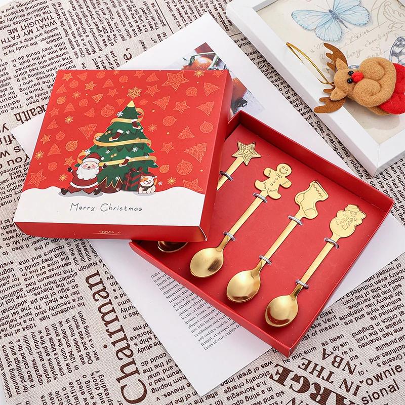 4PCS Stainless Steel Christmas Gift Spoon Fork Set Scoop Fruit Fork Coffee Spoon Cutlery Set Christmas Tree Decoration Dessert