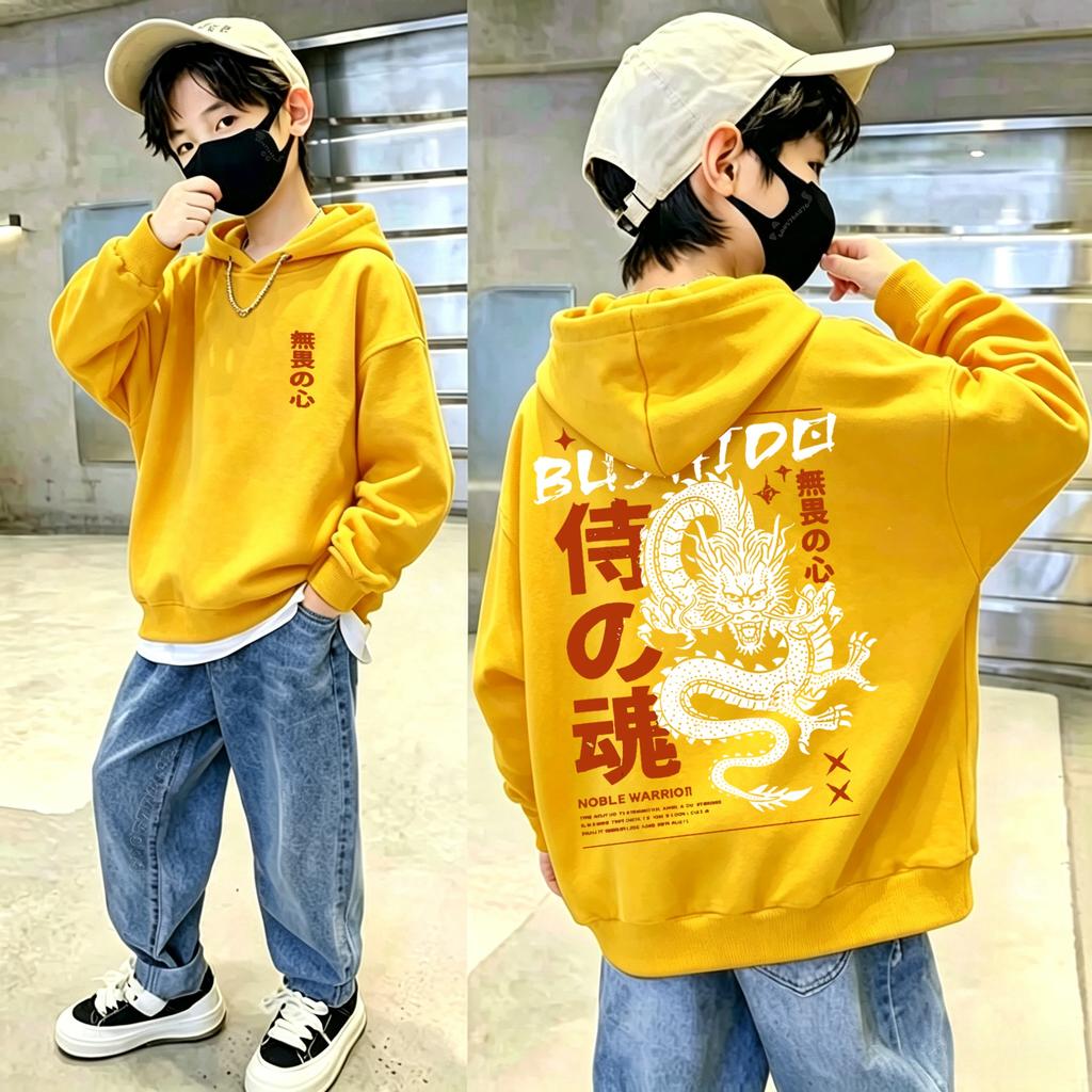 Best-selling dragon-patterned children's hooded pullover sweater for autumn and winter, featuring warm insulation.