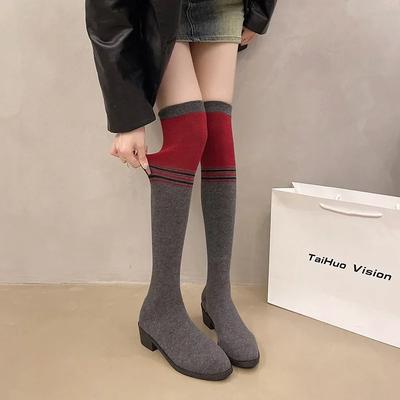 Sock Boots Women's Thick Heel Thin Knitted Round Toe Color Matching 2024 Spring and Autumn Sexy Elastic Long Leg Over Knee Boots