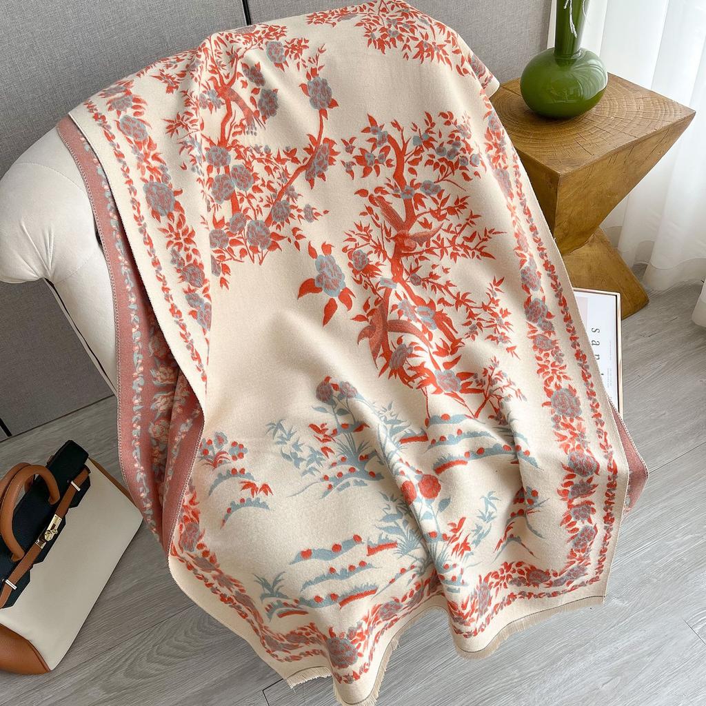 Classic Floral Print Polyester Scarf for Women - Thick Warm Shawl with Short Fringe - Weekend Casual Decorative Wrap - Windproof, Woven Craftsmanship