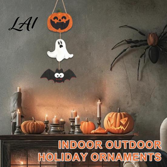 Ghost Festival Celebration Decor Halloween Wooden Hanging Ornament Jack-o'-Lantern Bat 3-Tier String Door Hanger Cute Rustic Pendant for Home