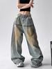 Retro Yellow Denim Washed Oversize Women's Pants - Trendy Streetwear Hip Hop Style, Straight-Leg Versatile Casual 2025.