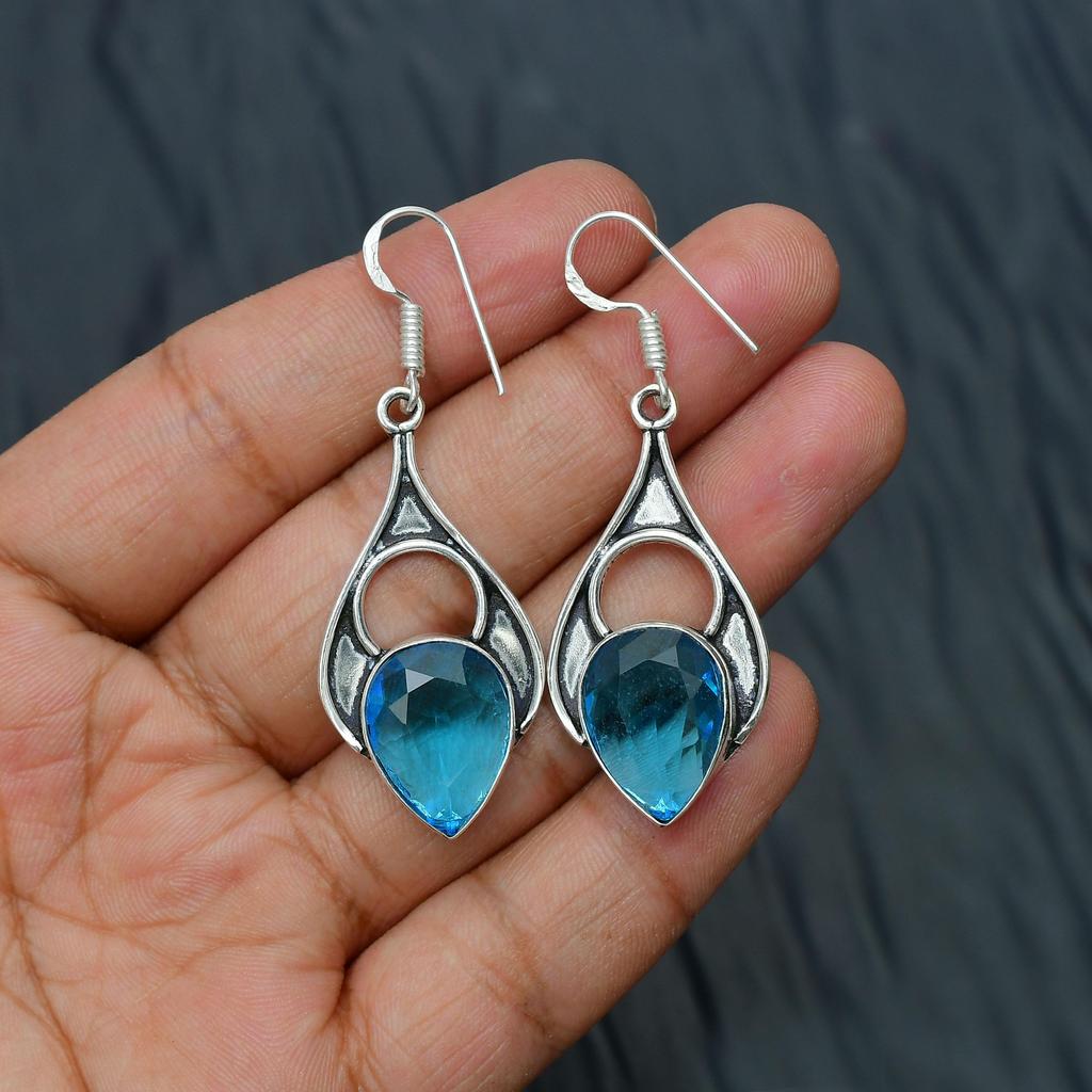 Blue Topaz Gemstone Handmade 925 Sterling Silver Jewelry Earring
