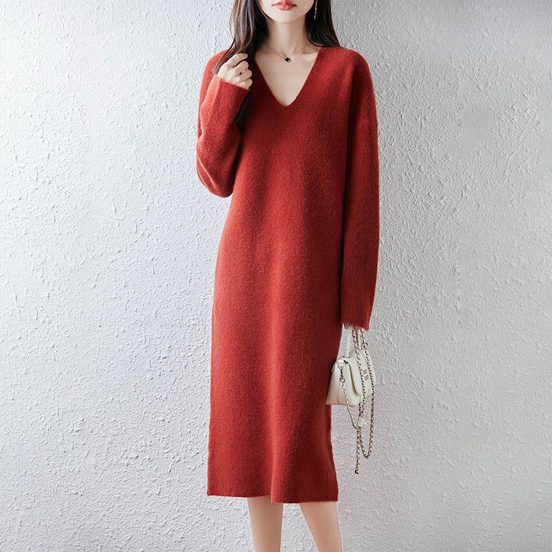 Women's V-Neck Pure Wool Knit Dress, Loose Fit, Mid-Length, Over-the-Knee - Autumn/Winter Collection