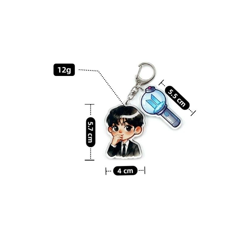 7 ks roztomilý přívěsek na klíče BTS, Bangtan Boys oblek kreslená figurka přívěsek na klíče s přívěskem na světelný klacek, Kpop idol kreslený přívěsek na tašku pro fanoušky ARMY