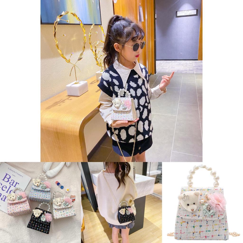 Adorable Mini Princess Chain Bag For Girls In Soft Leather With Cute Bear Design And Pearls