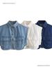 Women's Sleeveless Cardigan: Plain Color, Large Pockets, Polo Collar, Denim Top, High-Quality Feel