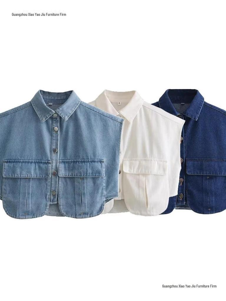 Women's Sleeveless Cardigan: Plain Color, Large Pockets, Polo Collar, Denim Top, High-Quality Feel