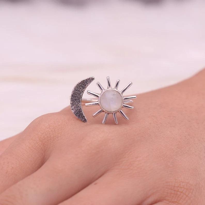Mondstein Runder Edelstein Handgefertigter Designer Ring, Sonnenring, 925 Sterling Silber, Partywear Ring, Einzigartiges Geschenk, Charm Schmuck