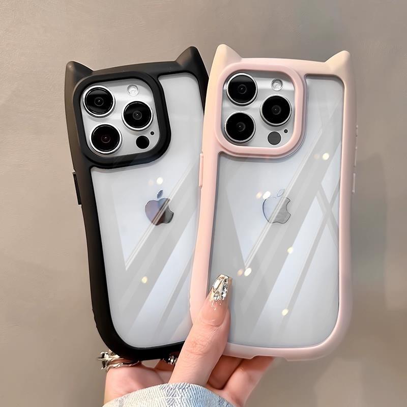 Funda Transparente Linda Orejas de Gato Para iPhone 16 12 13 14 15 Pro Max 11 Resistente a Golpes Tapa Trasera Dura de Acrílico Silicona Suave Kawaii Funda