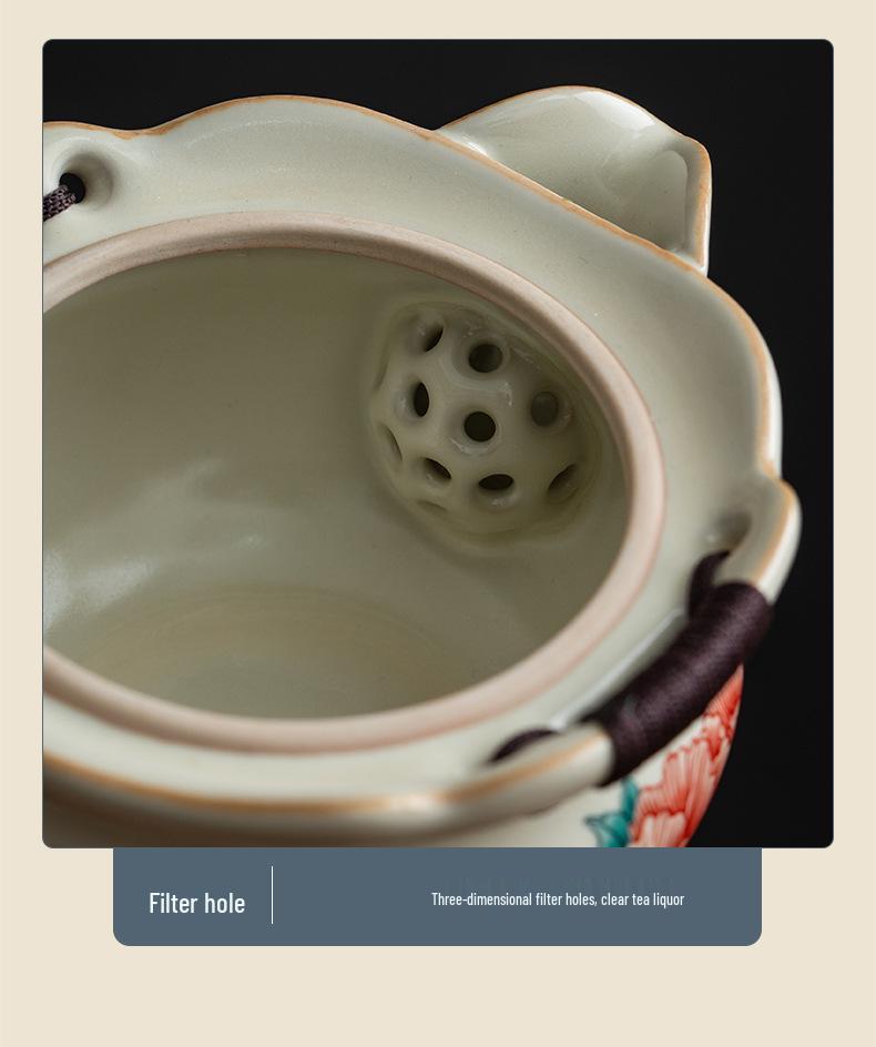 Large Ceramic Peony Teapot with Hand-Grip - Anti-Scald Kung Fu Tea Set for Household
