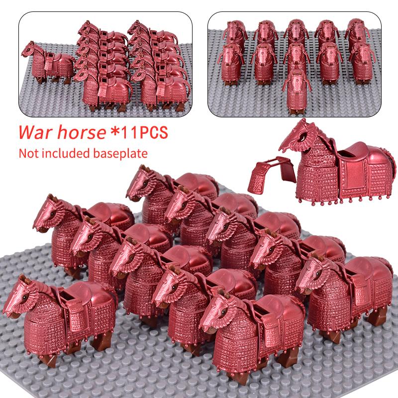 11pcs Medieval Gothic War Horse Building Blocks Silver/Gold/Iron/Armored Horses Battle Steed DIY Bricks Toys