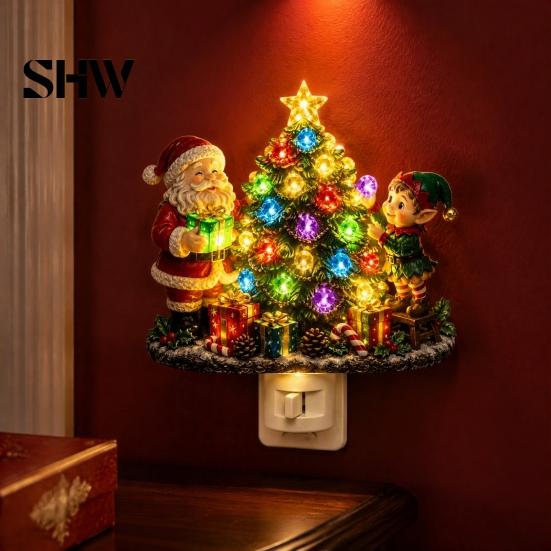 Indoor Holiday Lighting Christmas Santa Elf Decorative Plug-in Night Light, Resin Tree Wall Festive Room Decoration Nightlight, Vintage Xmas Ornament