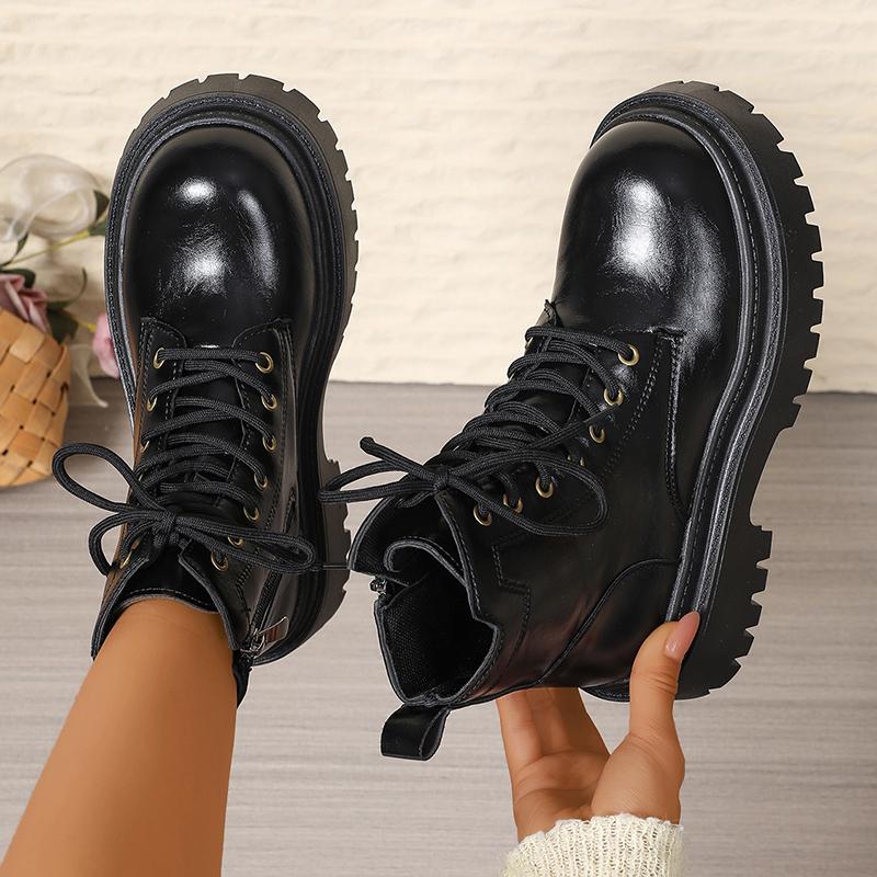 Fashion Women's Black Platform Combat Boots Fashion Lace Up Zipper Pu Leather Short Boots Woman Thick Sole Non Slip Autumn Winter Shoes