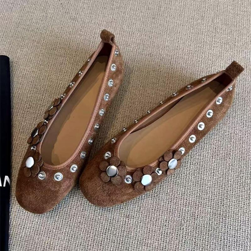 Fashion Brown Metal Button Flower Decoration Ballet Flats Women Faux Suede Design Loafers Elegant Comfortable Mary Jane Shoes for Women