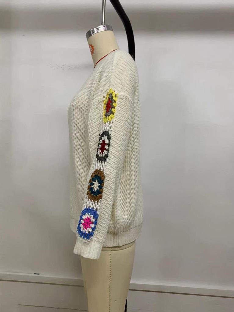 Suéter Pulóver de Punto a Mano con Cuello en V, Patchwork de Flores y Mangas
