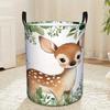1pc Collapsible Large Laundry Hamper & Storage Bin - Watercolor Deer & Foliage Design (White/Green/Brown) with Cute Fawn, Soft-Grip Handle, Durable Cl
