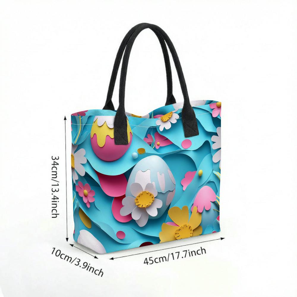 Cute Floral Egg Pattern Tote Bag Casual Large Capacity Handbag for Daily Use