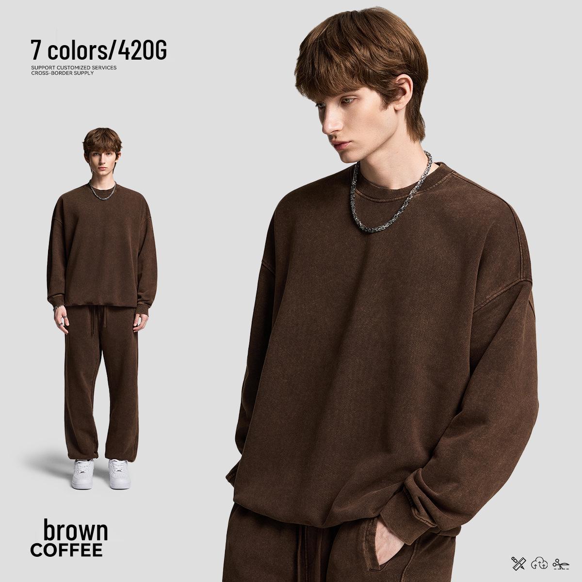 Unisex Heavyweight 420G Batik Snowflake Wash Round Neck Pure Cotton Irregular Faded Hoodie S