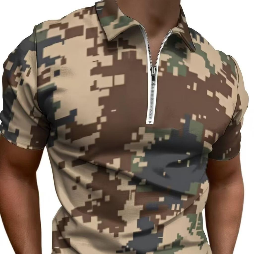 Summer Men's Short-sleeved T-shirt Lapel Half Zipper Fashionable Simple Ice Silk Durable Camouflage POLO Shirt