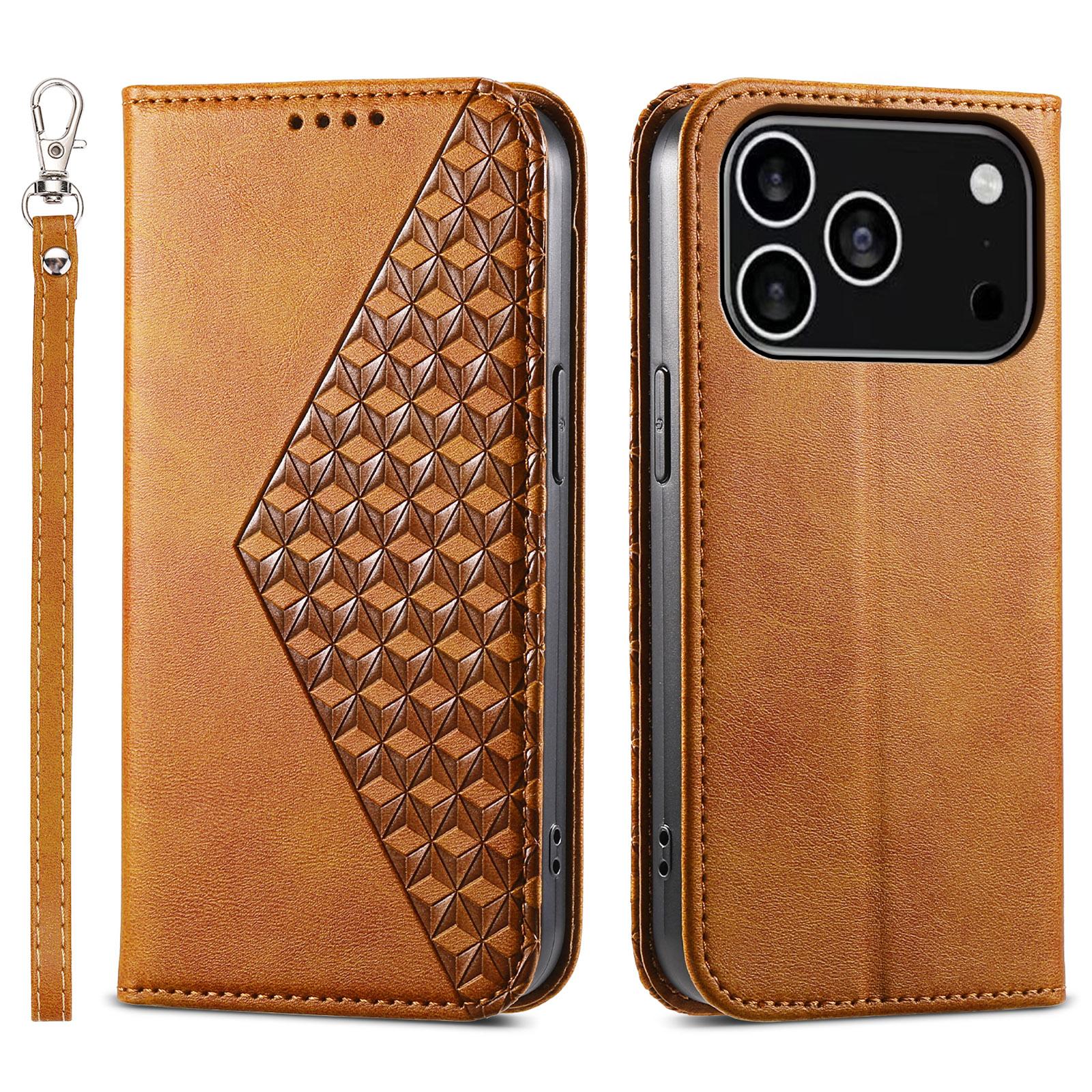 

For iPhone 17 Pro Case Calf Texture PU Leather Wallet Phone Cover with Wrist Strap Yellow