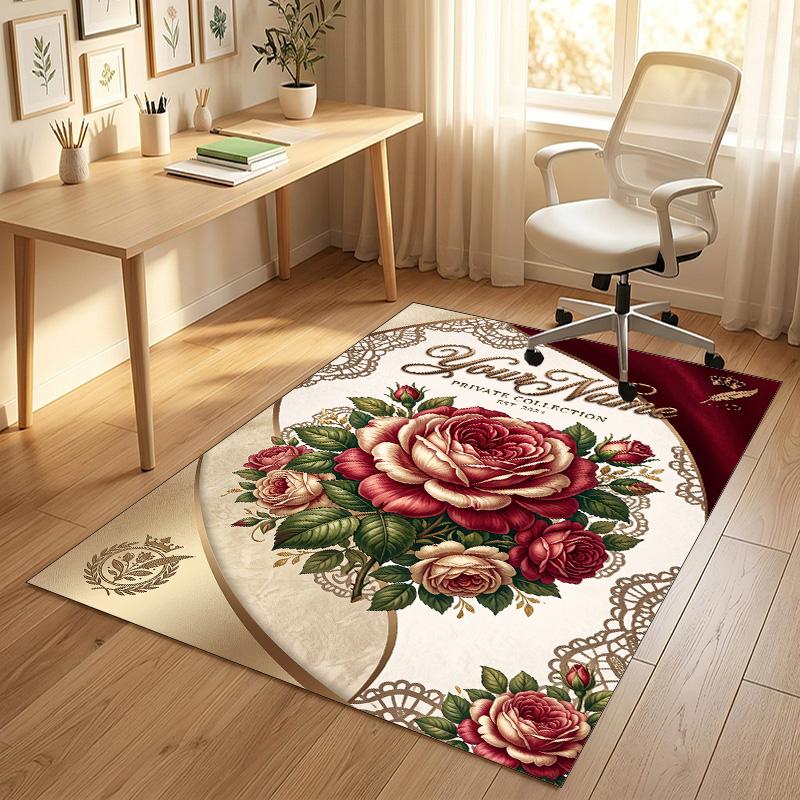 Roses Butterflies Theme Soft Crystal Velvet Rug Custom Name & Text Print Non Slip Floor Rug for Bedroom Living Room