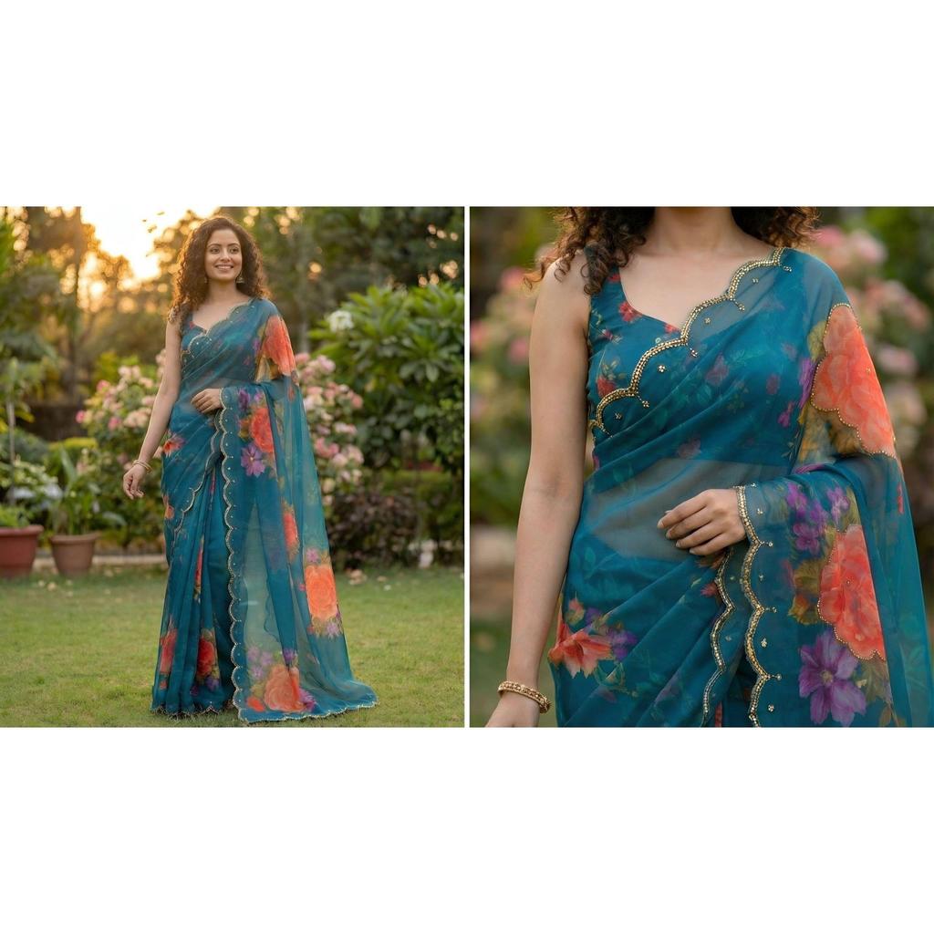 It has all over Digital print with  *handwork (Khatli) work  Digital printed saree.