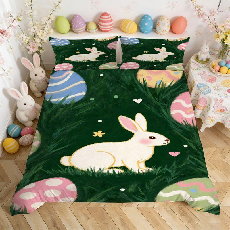 Bedding,Pillowcase,Quilt Cover 3-Piece Set,White Rabbit,Easter Egg Pattern,Easter Home Decoration