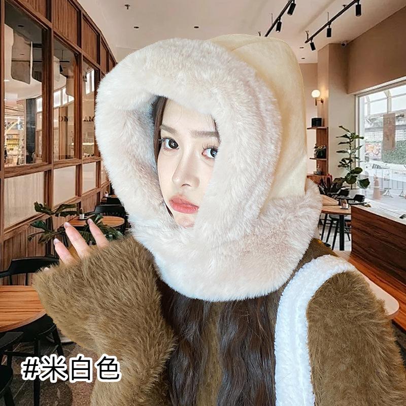 Autumn and winter integrated hat women's wool hat with scarf thickened plush wool hat big head circumference versatile loose hat