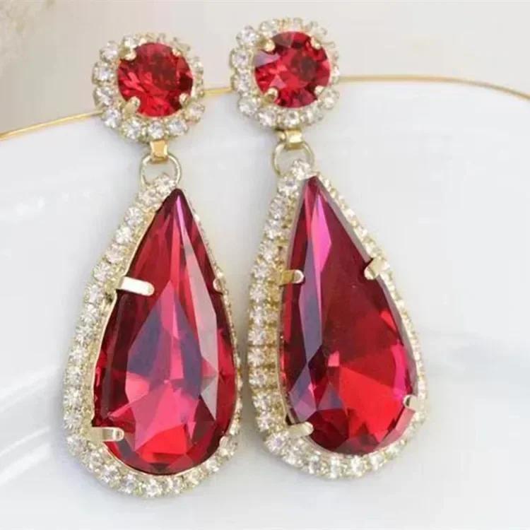 Round Red Water Drop Earrings for Bride's Wedding, Festive Accessories, High-end Jewelry, Birthday Gifts, and Sparkling