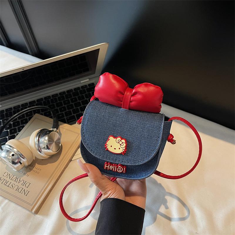 Cute Sanrio Hello Kitty Bow Denim Shoulder Bags Women Mini Saddle Bag Girly Crossbody Bag Portable Handbag Kt Cat Gifts красный