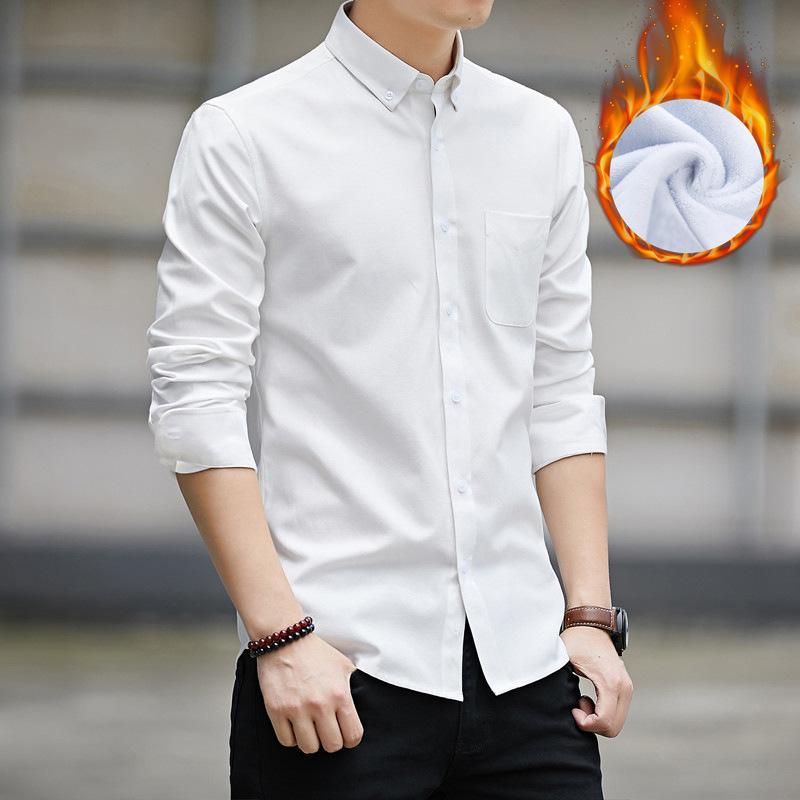 

Зимняя утепленная рубашка с подкладкой, мужская, с длинным рукавом, SlimFit, повседневная, деловая, однотонная, белая рубашка M белый