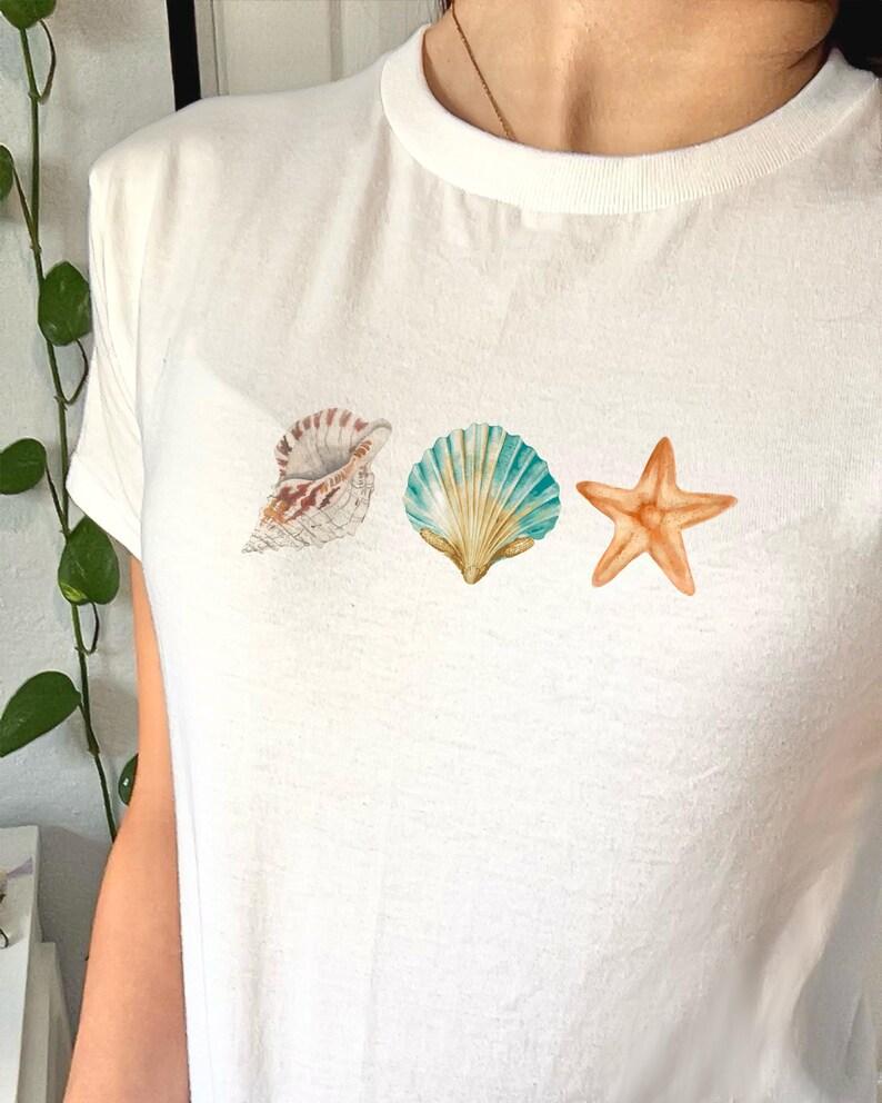 Starfish and Shell Floral Print Short-sleeved T-shirt Casual and Simple Style Daily and Outdoor Wear Women Clothing Fashion Y2K