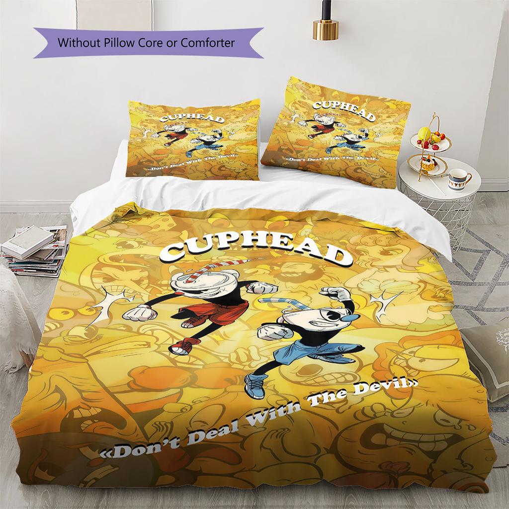 Cuphead Bettwäsche Steppbett Set Bettbezug Kissenbezug Heimdekoration Geburtstagsgeschenk (1 Bettbezug + 2 Kissenbezüge, ohne Füllung)