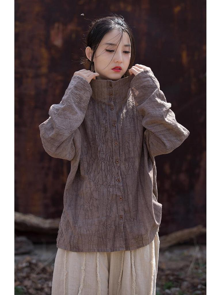 Women's Winter Tie-Dye Ramie Cotton Cardigan - Loose, Semi-High Collar Shirt in National Style.