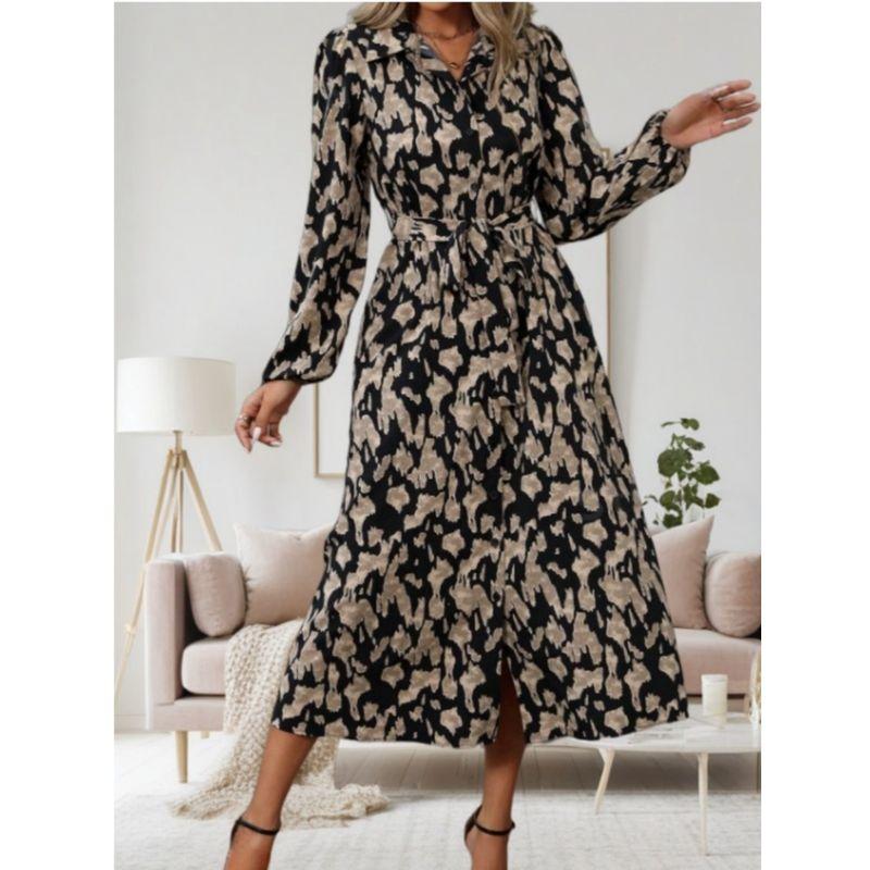 Spring & Fall New Arrival Fashion Fashion Single-Breasted Print Elegant Mid Length Long Length Cardigan Long Sleeves Shirt Dress Dress