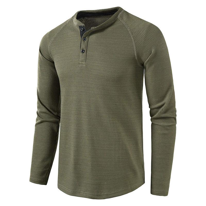 European and American Style Men’s Solid Waffle Henley Shirt Long Sleeve T-shirt Buttoned Round Neck Top