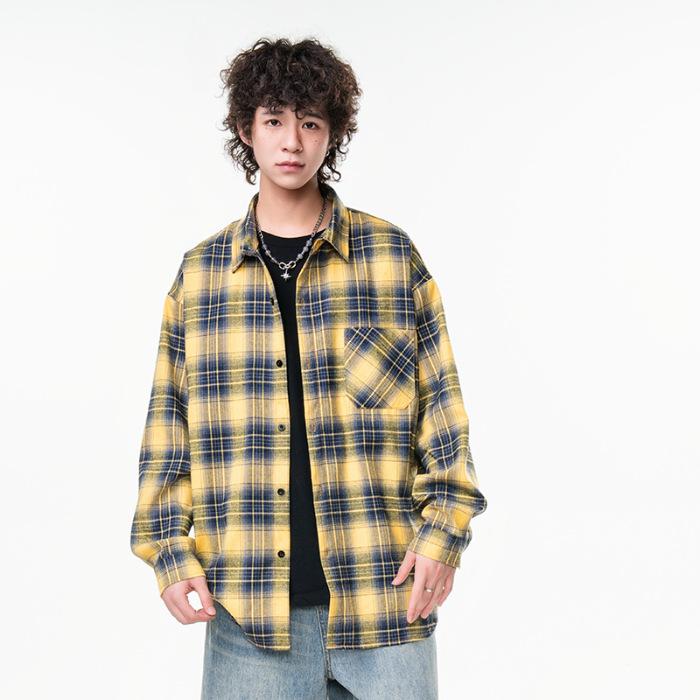New Japanese Mid-length Shirt for Spring for Men's Fashion Trend Casual Plaid Shirt